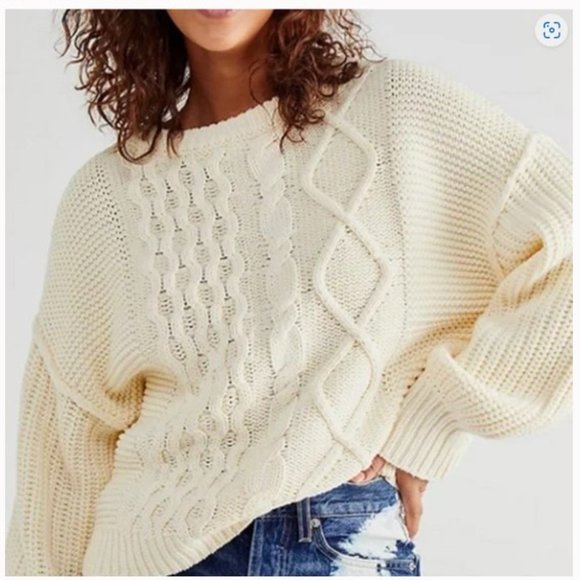 Free People Dream Cable Crew Pullover Sweater Oversized Cream NWT - Picture 1 of 16
